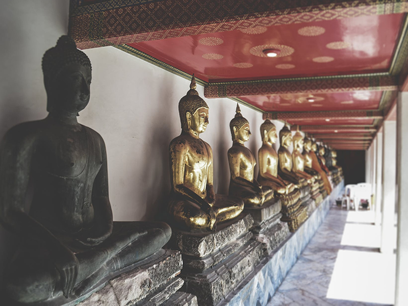Bangkok Wat Pho tapınağındaki yan yana dizilmiş buddha heykelleri