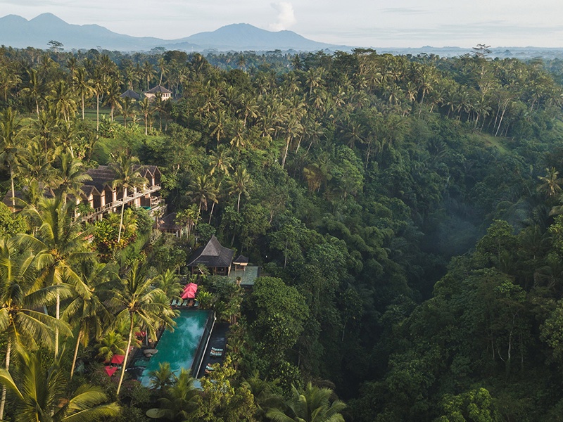 Ubud yağmur ormanlarında sonsuzluk havuzu olan otelin kuş bakışı görüntüsü