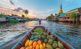 Bangkok yüzen çarşı kanoda tropikal meyveler