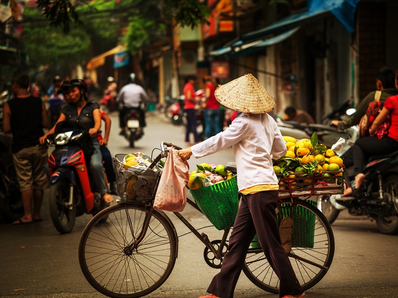 Vietnam sokaklarında bisikleti ile sebze satan kadın